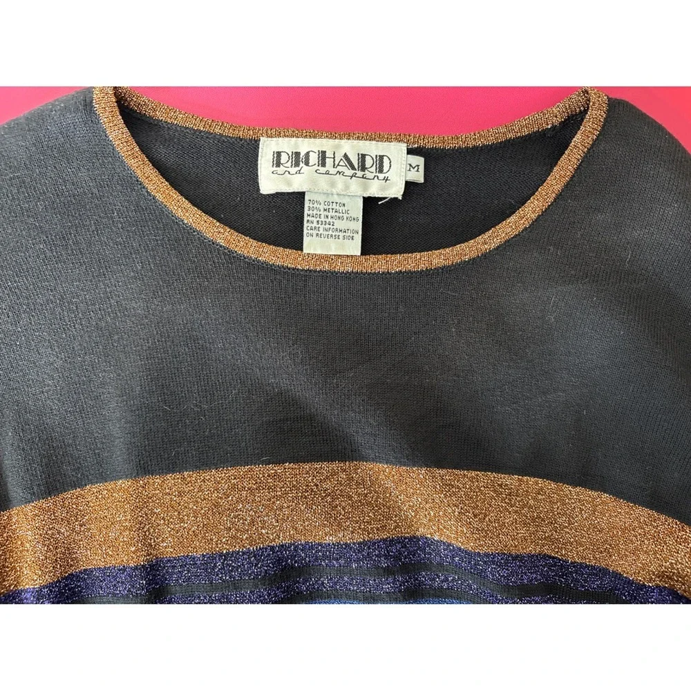 Vintage RICHARD AND COMPANY Womens Black Metallic Striped Sweater Size M Sparkly